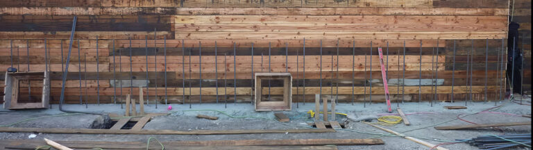 A construction site with a wooden wall, metal rebar grid, open wooden frames, and scattered construction materials, including hoses, planks, and tools on a concrete floor.