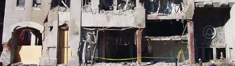 A heavily damaged building with debris scattered around, large holes in the facade, exposed interiors, and yellow caution tape blocking the entrance. The structure appears partially collapsed.