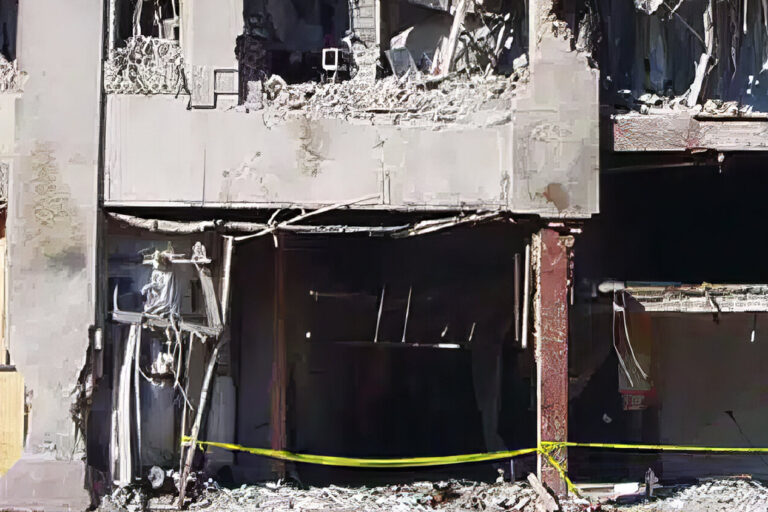 A heavily damaged building with debris scattered around, large holes in the facade, exposed interiors, and yellow caution tape blocking the entrance. The structure appears partially collapsed.