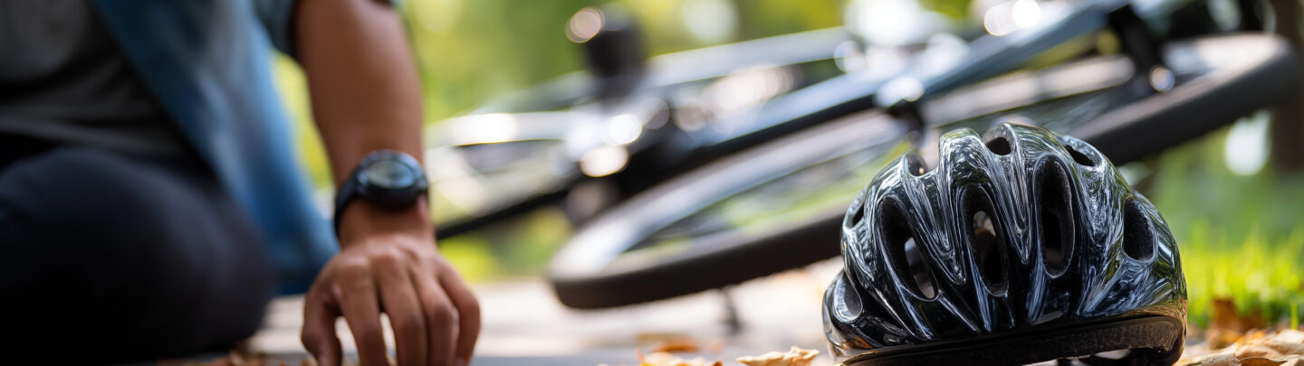 A person sits on the ground next to a fallen bicycle and a helmet, with autumn leaves scattered on the path. The scene suggests a recent bike accident in a park or a wooded area.