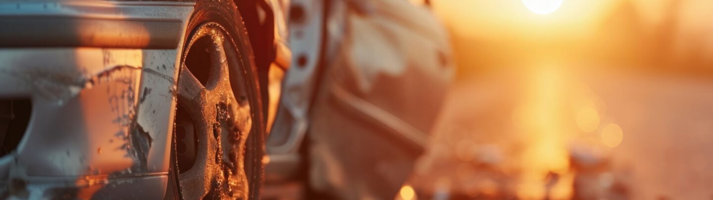 A close-up of a badly damaged car with debris scattered on the road at sunset, suggesting a recent accident. The sun is low on the horizon in the background.