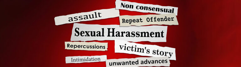Newspaper-like paper strips on a red background display words and phrases related to sexual harassment, such as Sexual Harassment, assault, Non consensual, Repeat Offender, victims story, and unwanted advances.