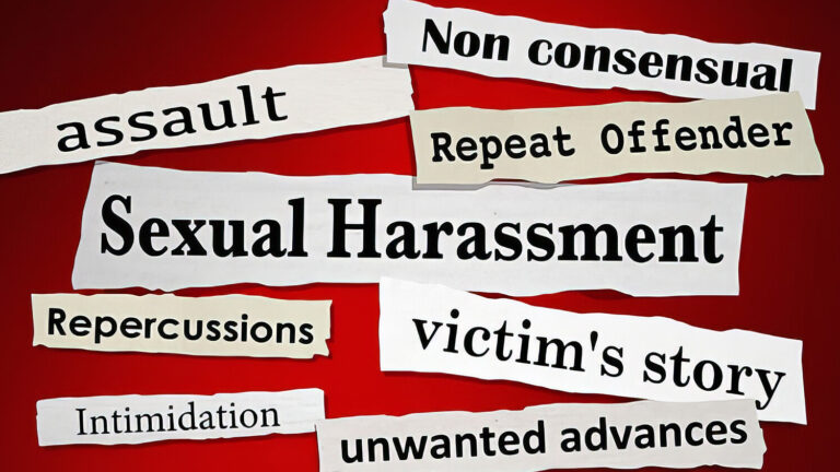 Newspaper-like paper strips on a red background display words and phrases related to sexual harassment, such as Sexual Harassment, assault, Non consensual, Repeat Offender, victims story, and unwanted advances.