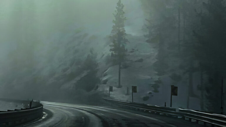 A curved, wet mountain road with guardrails and warning signs winds through a foggy, forested landscape with tall, dark trees and mist obscuring the background.