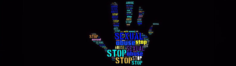 A hand silhouette filled with colorful words like “STOP,” “SEXUAL,” and “ABUSE” on a black background, symbolizing a call to end sexual abuse and support survivors.