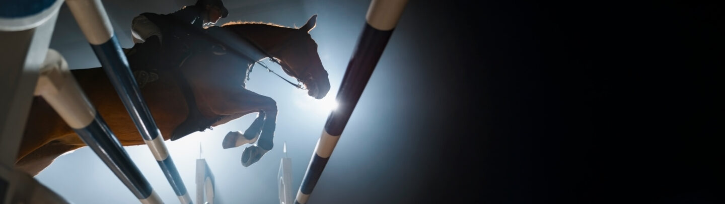 A horse and rider jump over an obstacle in an indoor arena, silhouetted dramatically against a bright spotlight, with the poles of the jump in the foreground.