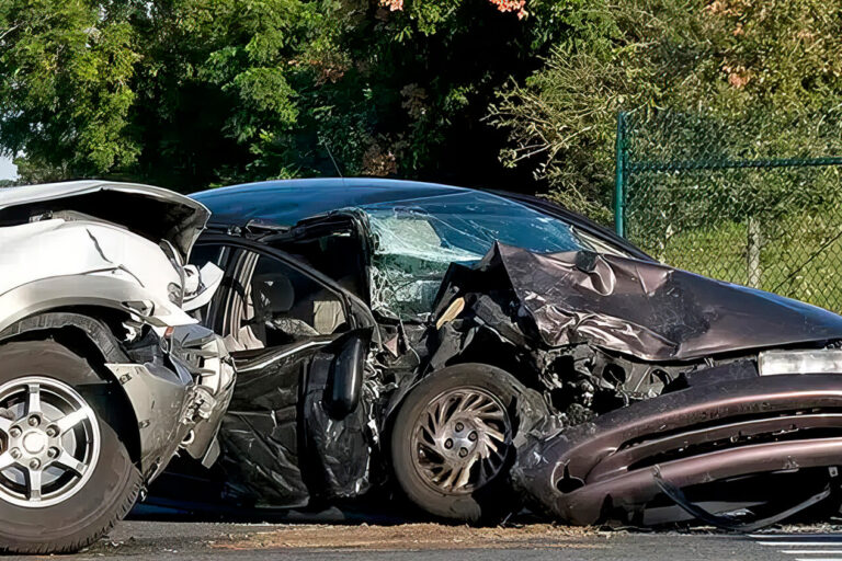 Two badly damaged cars after a collision, with crumpled front ends and debris on the road, next to a fence and trees in the background.