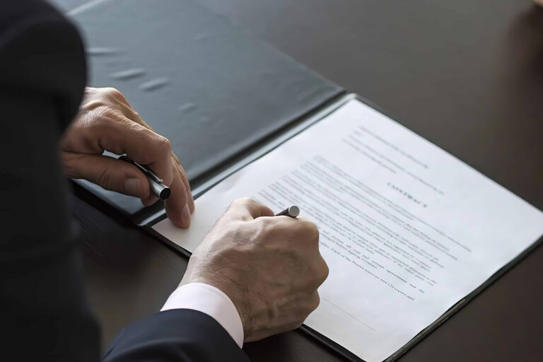 A person in a suit signs a document on a clipboard at a dark desk, while another person sits across from them with hands folded.