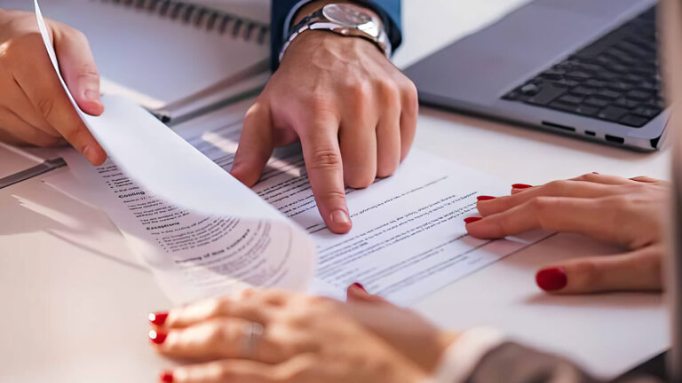 Three people review and discuss documents at a desk. One person points at a paper, another holds it, and the third has hands resting on the table. An open binder and a laptop are also visible.