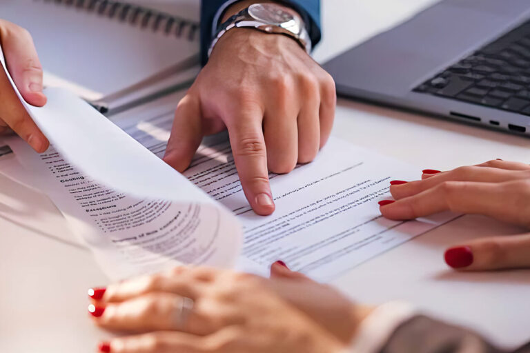 Three people review and discuss documents at a desk. One person points at a paper, another holds it, and the third has hands resting on the table. An open binder and a laptop are also visible.