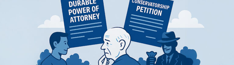An elderly man stands between two younger figures holding large documents labeled “Durable Power of Attorney” and “Conservatorship Petition.” The man appears thoughtful, surrounded by clouds and greenery.