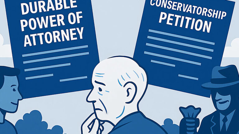 An elderly man stands between two younger figures holding large documents labeled “Durable Power of Attorney” and “Conservatorship Petition.” The man appears thoughtful, surrounded by clouds and greenery.