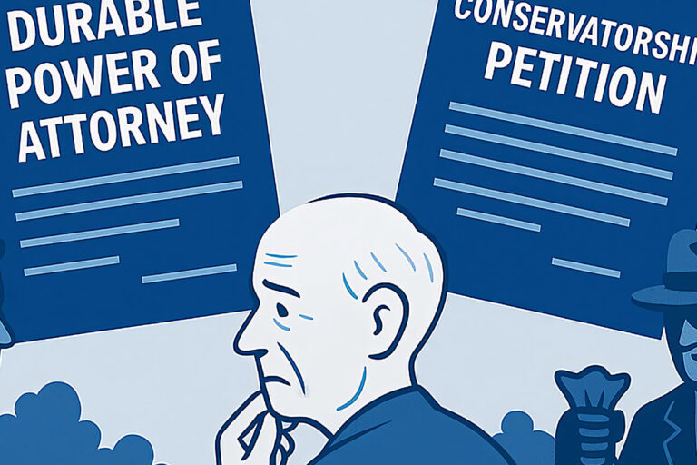 An elderly man stands between two younger figures holding large documents labeled “Durable Power of Attorney” and “Conservatorship Petition.” The man appears thoughtful, surrounded by clouds and greenery.