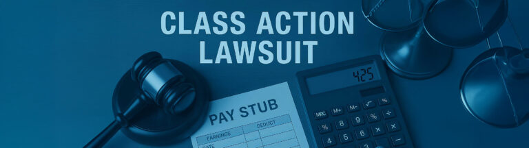 A gavel, pay stub, calculator, and scales of justice sit on a desk under the heading “Class Action Lawsuit.”.