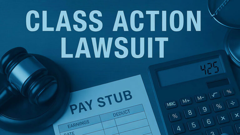 A gavel, pay stub, calculator, and scales of justice sit on a desk under the heading “Class Action Lawsuit.”.