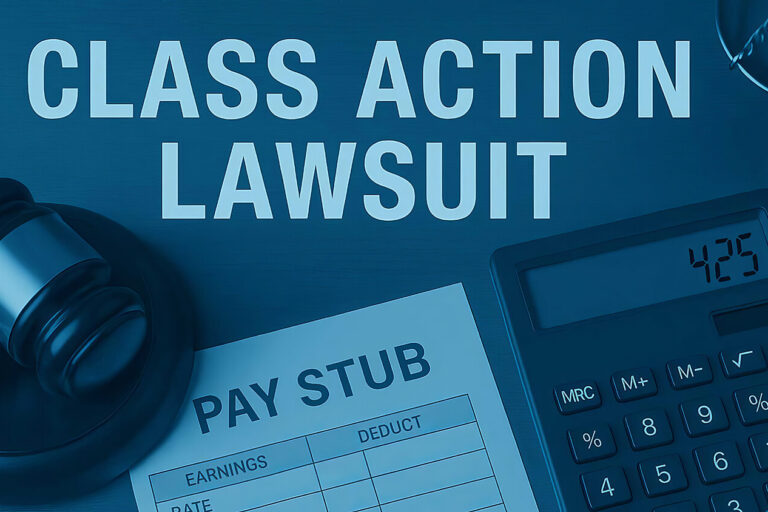 A gavel, pay stub, calculator, and scales of justice sit on a desk under the heading “Class Action Lawsuit.”.