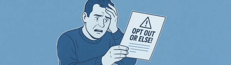 An illustration of a worried man holding a paper that reads OPT OUT OR ELSE! with a warning symbol above the text, set against a blue background.