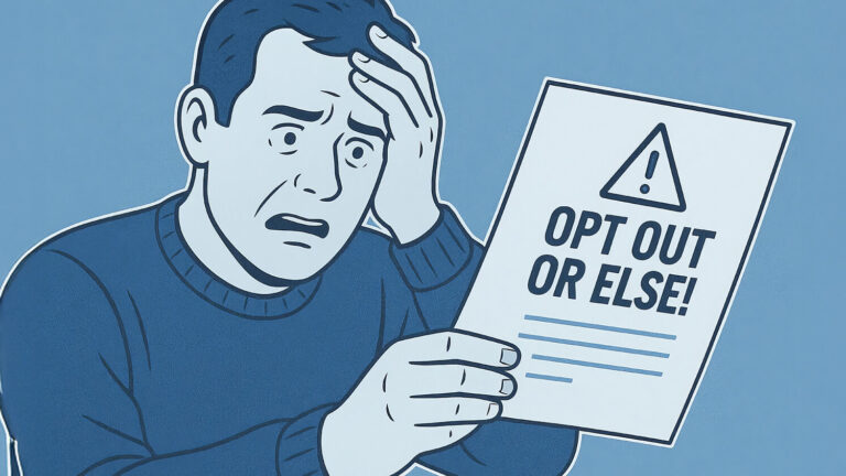 An illustration of a worried man holding a paper that reads OPT OUT OR ELSE! with a warning symbol above the text, set against a blue background.