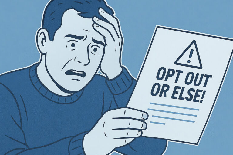 An illustration of a worried man holding a paper that reads OPT OUT OR ELSE! with a warning symbol above the text, set against a blue background.