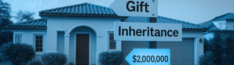 A white house with shrubbery in front. In the foreground are signs labeled Gift, Inheritance, and $2,000,000, suggesting a choice between gifting or inheriting property worth two million dollars.