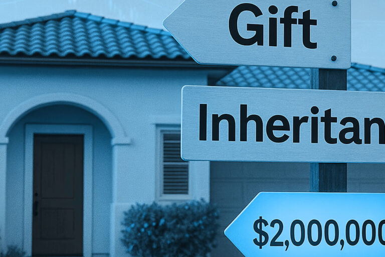 A white house with shrubbery in front. In the foreground are signs labeled Gift, Inheritance, and $2,000,000, suggesting a choice between gifting or inheriting property worth two million dollars.
