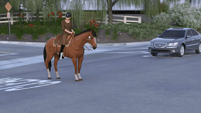 A person wearing a helmet rides a brown horse across an intersection while two cars approach from opposite directions. Trees, bushes, and a white fence are visible in the background.