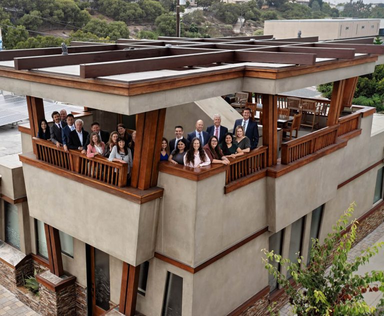 A group of people, dressed in business attire, stand together on the balcony of a modern, two-story building with wooden accents, surrounded by greenery and nearby buildings.