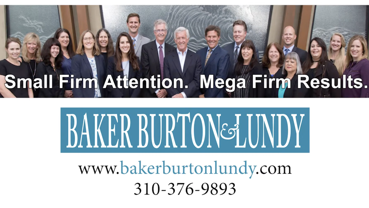 A group of professionally dressed people stand together smiling. Overlaid text reads, Small Firm Attention. Mega Firm Results. Below is the Baker Burton & Lundy logo, website, and phone number.