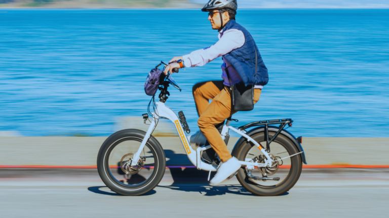 A person wearing a helmet, sunglasses, blue vest, and brown pants rides an electric bicycle along a waterfront road with blue water in the background.