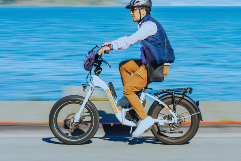 A person wearing a helmet, sunglasses, blue vest, and brown pants rides an electric bicycle along a waterfront road with blue water in the background.