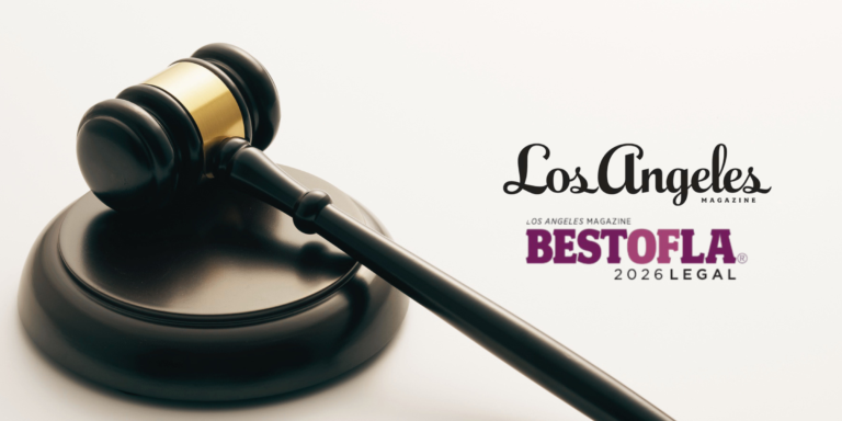 A wooden judge’s gavel rests on a sound block. Next to it are the logos for Los Angeles Magazine and BEST OF LA 2026 LEGAL.