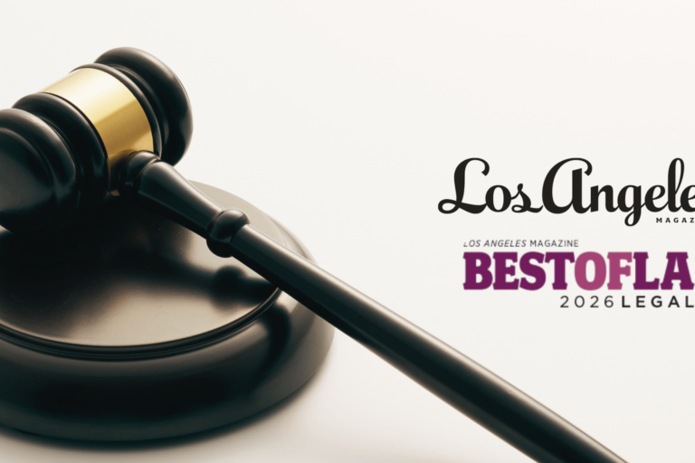 A wooden judge’s gavel rests on a sound block. Next to it are the logos for Los Angeles Magazine and BEST OF LA 2026 LEGAL.