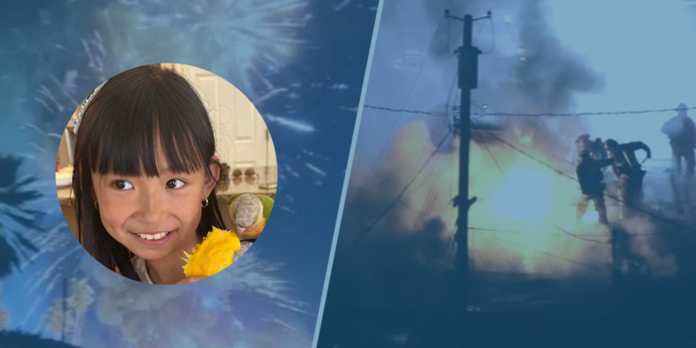 A split image: On the left, a young girl with straight black hair smiles while holding yellow flowers. On the right, people near a power pole stand amidst smoke and bright fireworks at night.