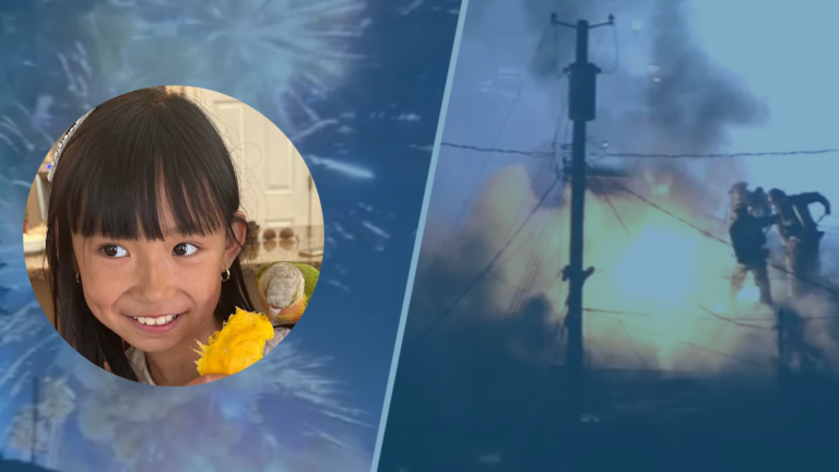 A split image: On the left, a young girl with straight black hair smiles while holding yellow flowers. On the right, people near a power pole stand amidst smoke and bright fireworks at night.