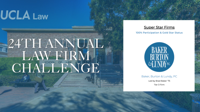 UCLA Law building with text: 24th Annual Law Firm Challenge. Inset highlights Baker, Burton & Lundy, PC as a Super Star Firm with 100% participation and gold star status.