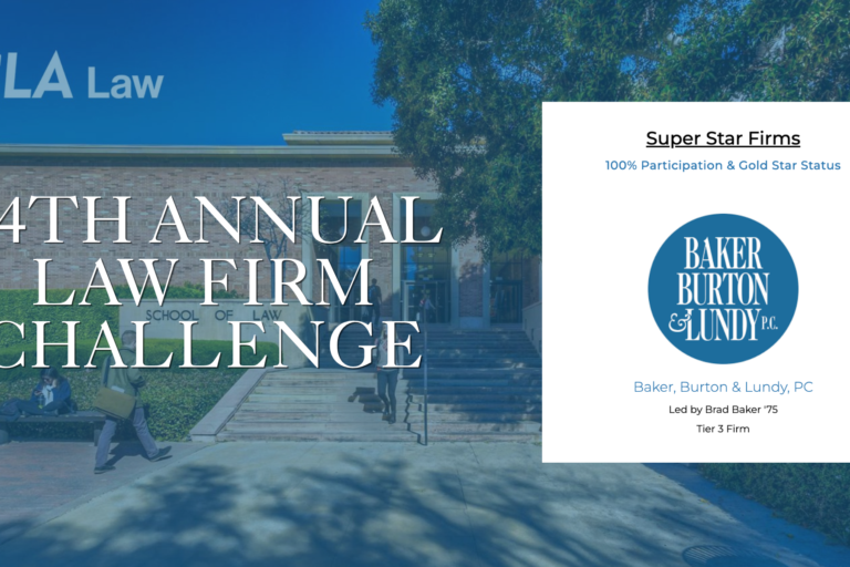 UCLA Law building with text: 24th Annual Law Firm Challenge. Inset highlights Baker, Burton & Lundy, PC as a Super Star Firm with 100% participation and gold star status.