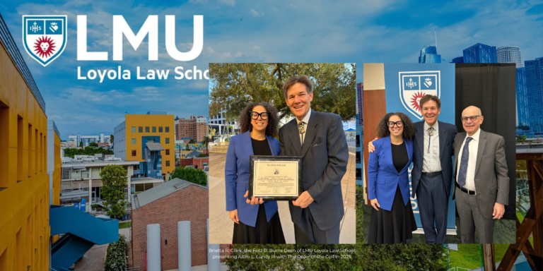 Brietta R. Clark and Albro L. Lundy III hold an award certificate for The Order of the Coif, shown in an inset photo alongside a full-length photo of the pair with a third man against a Loyola Law School backdrop.