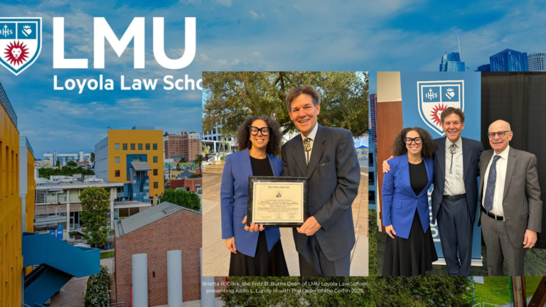 Brietta R. Clark and Albro L. Lundy III hold an award certificate for The Order of the Coif, shown in an inset photo alongside a full-length photo of the pair with a third man against a Loyola Law School backdrop.