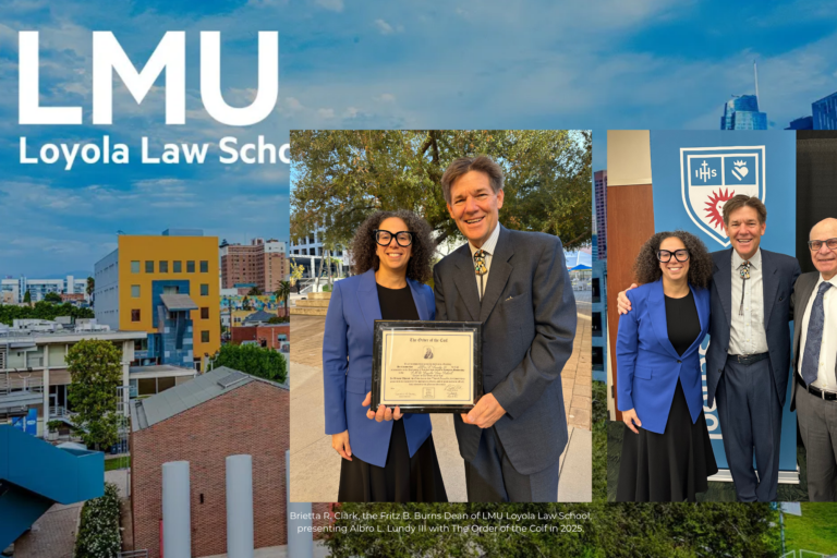 Brietta R. Clark and Albro L. Lundy III hold an award certificate for The Order of the Coif, shown in an inset photo alongside a full-length photo of the pair with a third man against a Loyola Law School backdrop.