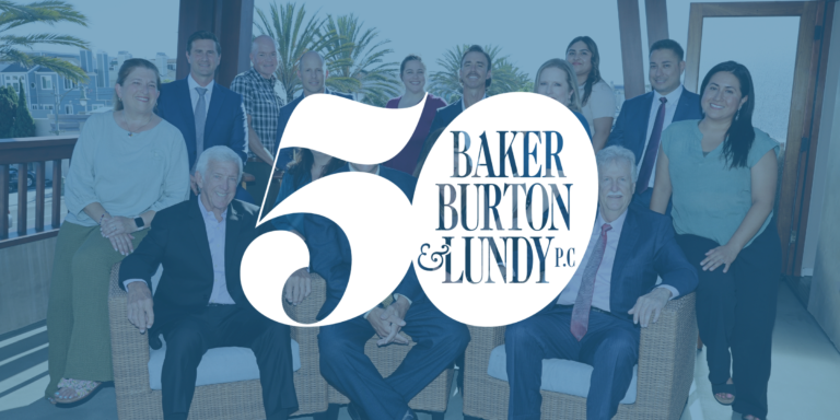 A large group of professional men and women posing for a photo outdoors, with a white graphic overlay featuring the number 50 and the text Baker Burton & Lundy P.C.
