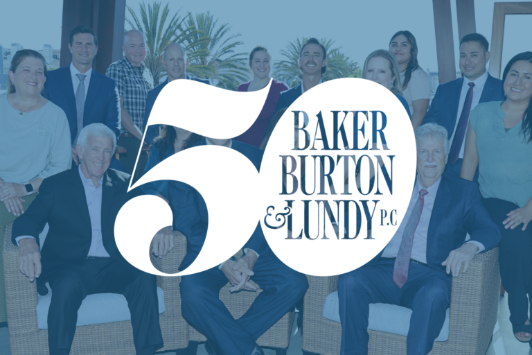 A large group of professional men and women posing for a photo outdoors, with a white graphic overlay featuring the number 50 and the text Baker Burton & Lundy P.C.
